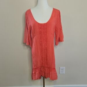 Umgee Orange Boho Dress Embroidery Lace Detail Flowy Sleeves Ruffle Hem Feminine